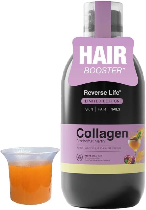 Reverse Life – Limited Edition Passionfruit Martini Hair Booster – 5,000mg Hydrolysed Collagen with Biotin, Zinc, Vitamin C and B12-30-Day Dose – Collagen Supplements – 450ml Reverse Life – Limited Edition Passionfruit Martini Hair Booster – 5,000mg Hydrolysed Collagen with Biotin, Zinc, Vitamin C and B12-30-Day Dose – Collagen Supplements – 450ml