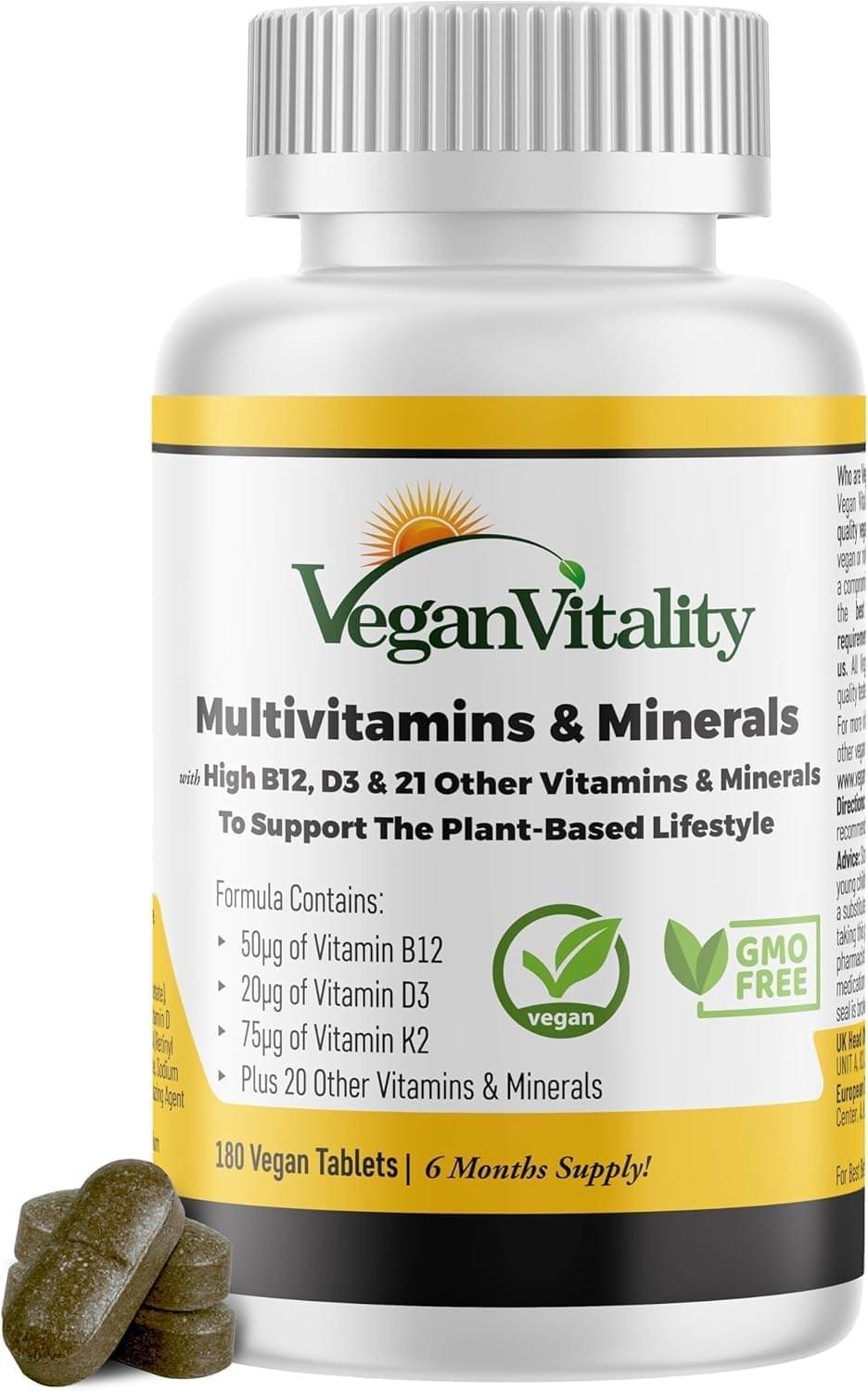 Vegan Multivitamins & Minerals with High Strength Vitamin B12, D3 & K2. 180 multivitamin Tablets – 6 Months Supply. Designed for Vegans & Vegetarians. Vegan Multivitamins & Minerals with High Strength Vitamin B12, D3 & K2. 180 multivitamin Tablets – 6 Months Supply. Designed for Vegans & Vegetarians.