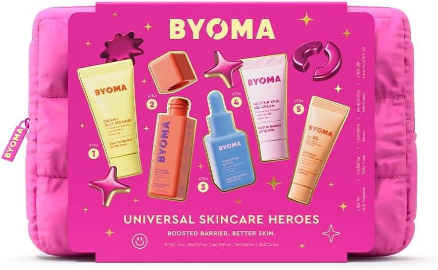 BYOMA Universal Skincare Heroes (5-Piece Kit) – Skincare Gift Set with Jelly Cleanser, Milky Toner, Hydrating Serum, Gel Cream & SPF 50 – Skin Barrier Repair Gift Set with Makeup Bag BYOMA Universal Skincare Heroes (5-Piece Kit) – Skincare Gift Set with Jelly Cleanser, Milky Toner, Hydrating Serum, Gel Cream & SPF 50 – Skin Barrier Repair Gift Set with Makeup Bag