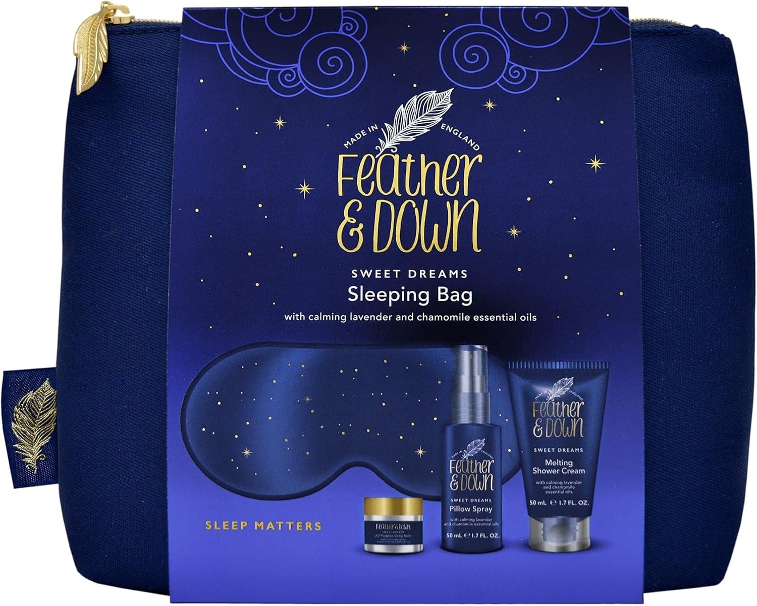 Feather & Down Sleeping Bag Gift Set (luxury eye mask, sleep balm, pillow spray and shower cream) – relaxation gift with calming lavender & chamomile essential oils perfect for Mothers Day Feather & Down Sleeping Bag Gift Set (luxury eye mask, sleep balm, pillow spray and shower cream) – relaxation gift with calming lavender & chamomile essential oils perfect for Mothers Day